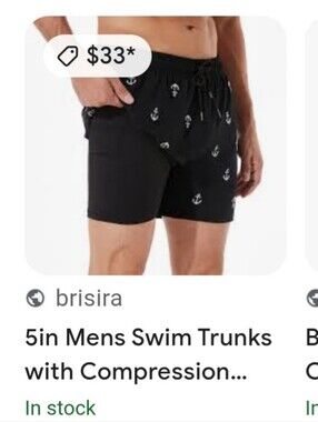 New Brisira Black Anchor Swim Suit~5" Trunks~Compression~Zip Pockets~Men~Size 28